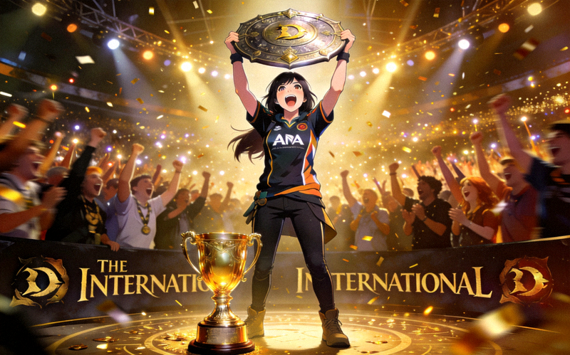 Ana在DOTA2国际邀请赛夺冠后举起冠军盾的激动时刻